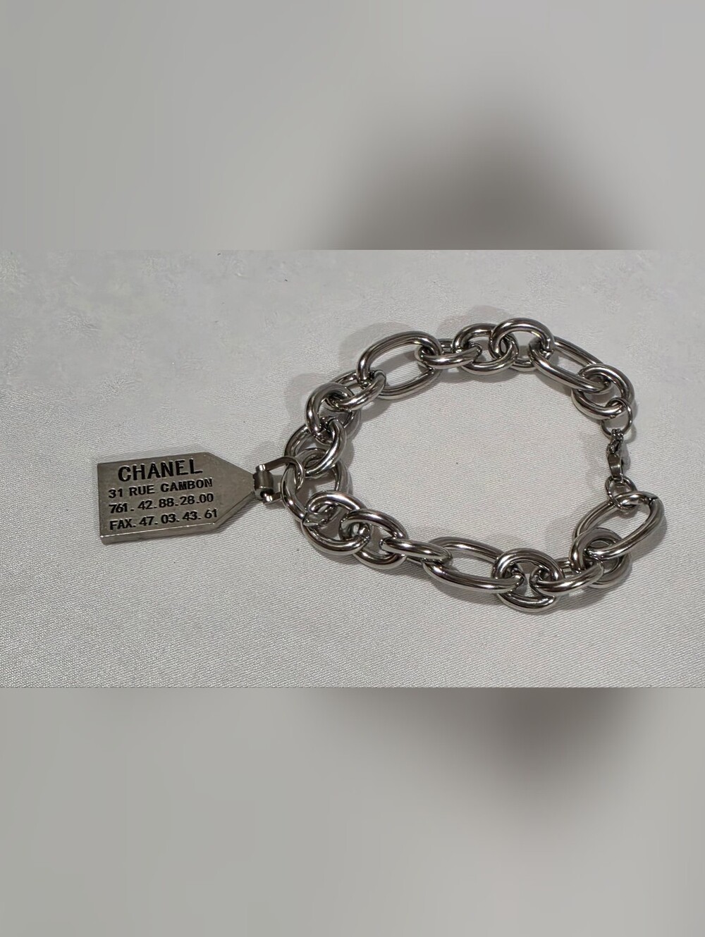 CHANEL Silver Tag Stainless Steel Chain Link Bracelet